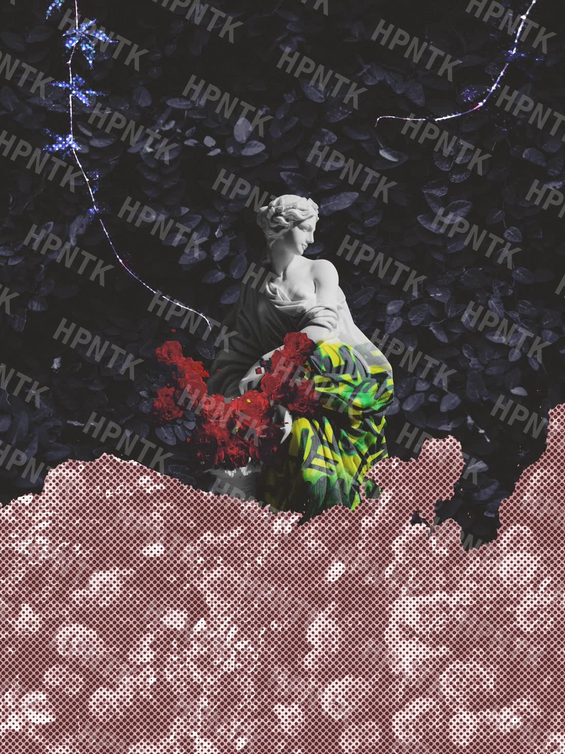 A classical marble statue collaged with red roses, graffiti-patterned fabric, and a torn halftone print texture